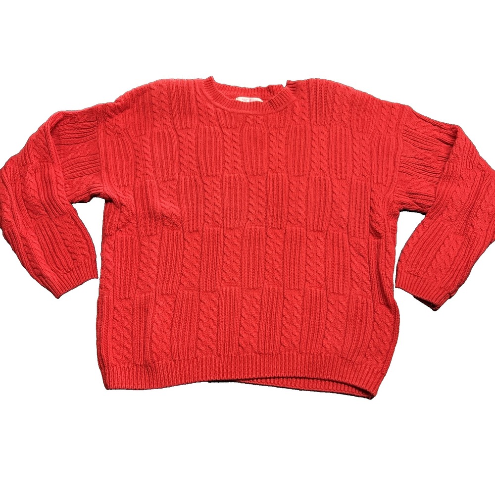 Vintage Red Cable Knit Sweater Women's Large Chunky Fisherman Crewneck Cotton